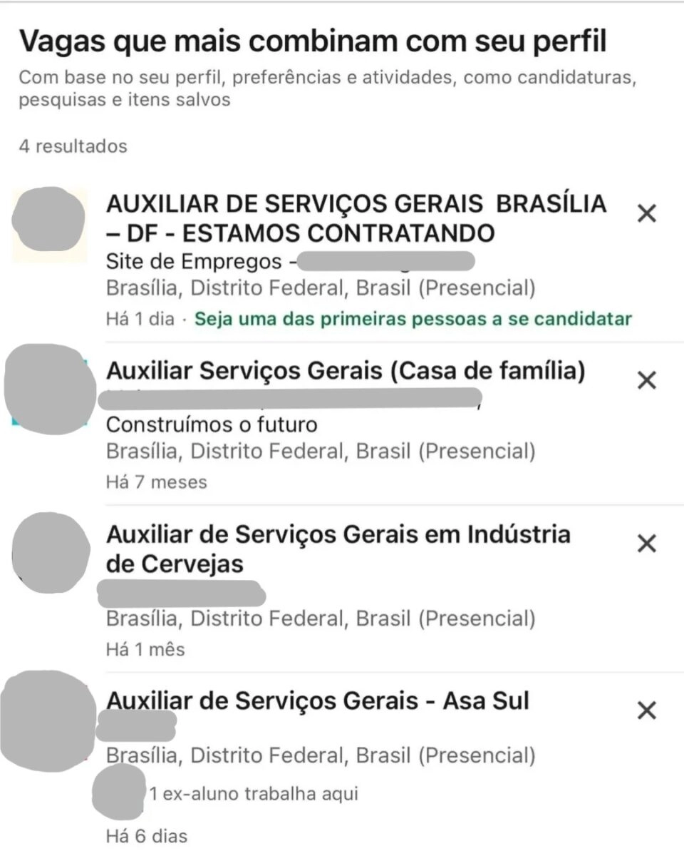 Sugestões de vagas de auxiliar de serviços gerais no perfil de Bruna Oliveira no LinkedIn. Imagem: Reprodução.