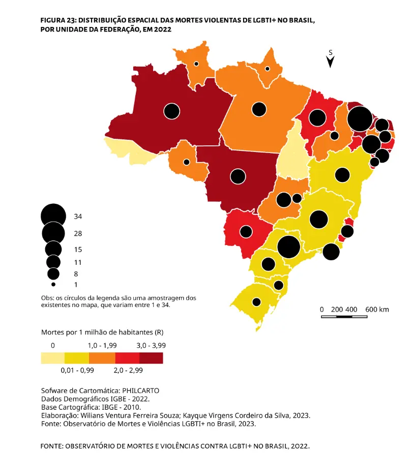 Gráfico do mapa do Brasil representando as mortes violentas da população LGBTI+ por estado